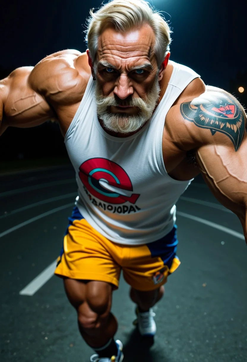 score_9, score_8_up, score_7_up, score_6_up, dark background, nighttime, night, dark lowlight photography, realistic, old male, pov from side, old granddad, thin, tall, tanned skin, colorful tattoos, heavy metal rock tattoos, strong tan, wearing blue long cargoshorts, 3/4 cargoshorts, skater, sweatbands, loose white muscleshirt, v-neck sleeveless tshirt, hairy armpits, old granddad, wrinkles, short blonde hair, blonde beard, german grandpa,
walking towards viewer, slow walk,
closeup seen from above, closeup, pov above, portrait,
at the beach