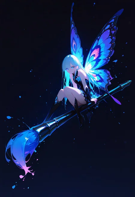 masterpiece, best quality, amazing quality, very aesthetic, absurdres, newest, volumetric lighting, holographic colors, cute, gradient colors, dark background, masterpiece, best quality, amazing quality, very aesthetic, absurdres, newest, volumetric lighting,1girl,
BREAK
ambient occlusion, raytracing, soft lighting, blum effect, masterpiece, absolutely eye-catching, particles, glow, shining, intricate cinematic background, (beautiful face),
BREAK
masterpiece, highly detailed,1girl,beautiful eyes, big eyes, detailed eyes, detailed pupils, perfect body, dynamic pose, dynamic shot,
Leanan Sidhe, minigirl, butterfly wings, paint brush, paint splashes, sitting on giant hand, blue eyes, girl holding giant paint brush,
impasto, vignetting, chiaroscuro, masterpiece, best quality, very aesthetic, absurdres