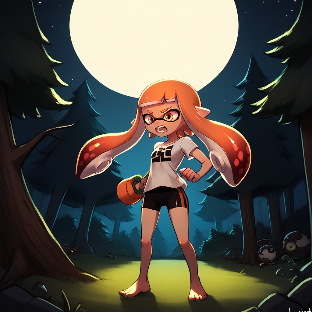 score_9, score_8_up, score_7_up, score_6_up, score_5_up, score_4_up,
luminekoStyle
inkling girl, splat shorts, splat shirt, splattershot (splatoon), 
Night, forest, moon, eyes in the dark, trees, scared, holding splattershot,