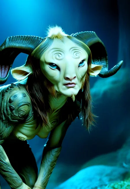 Pans Labyrinth style beautiful fluffy animal alien, ultra high res, food, analog, fine art, animal ears, bioluminescence, cover art, majestic, 8k uhd, cinematic, great art, midnight, dark theme, UHD, disturbing, subsurface scattering, abstract, mountain, mask, unsettling