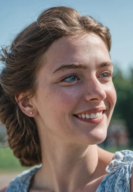 Low angle, Close up of a 25 years Hungarian girl's head and shoulders, tilted head towards, smiling, wearing Vintage Dress, the background is a clear pale blue sky, Sony a7iii, Tamron 35-150mm f/2-2.8 Di III VXD Lens, 85mm focal length, F/1.8, iso 100, Shallow depth of field, shadow casting, Light falloff Low Contrast, Muted colors, look, Washed out colors (color grading with Blueish Shadows and Yellowish highlights:1.3)