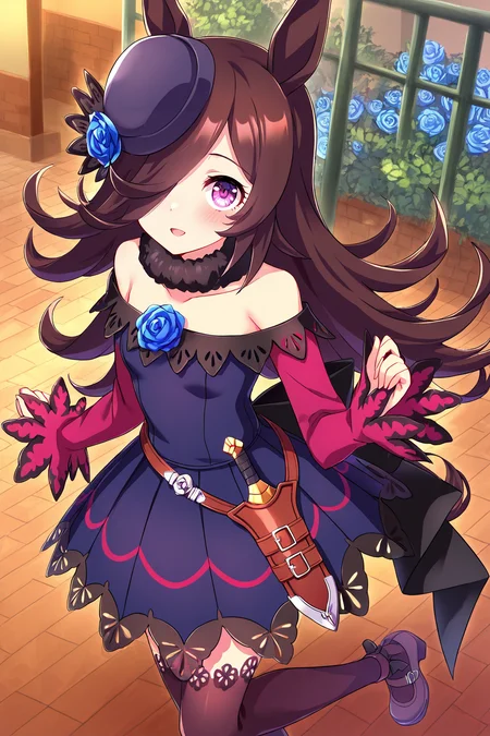 masterpiece,best quality,very aesthetic,absurdres,highres,newest,official art,official style,
1girl,solo,
rcs race,rice shower (umamusume),
animal ears,back bow,bangs,bare shoulders,belt,black bow,blue dress,blue flower,blue rose,
blush,brown hair,black legwear,brown thighhighs,collarbone,dagger,dress,dress bow,eyebrows visible through hair,
flipped hair,flower,fur choker,fur collar,hair flower,hair ornament,hair over one eye,
hat,hat flower,horse ears,horse girl,horse tail,knife,long hair,long sleeves,
off shoulder,off-shoulder dress,one eye covered,purple dress,purple eyes,purple headwear,rose,
sheath,sheathed,shoes,short dress,sleeves past wrists,tail,thigh-highs,thighhighs,
tilted headwear,very long hair,violet eyes,weapon,
eye_focus,<lora:eye_focus:1>,
standing,full body,
<lora:umamusume_rice_shower_ill_v1.0:1>,