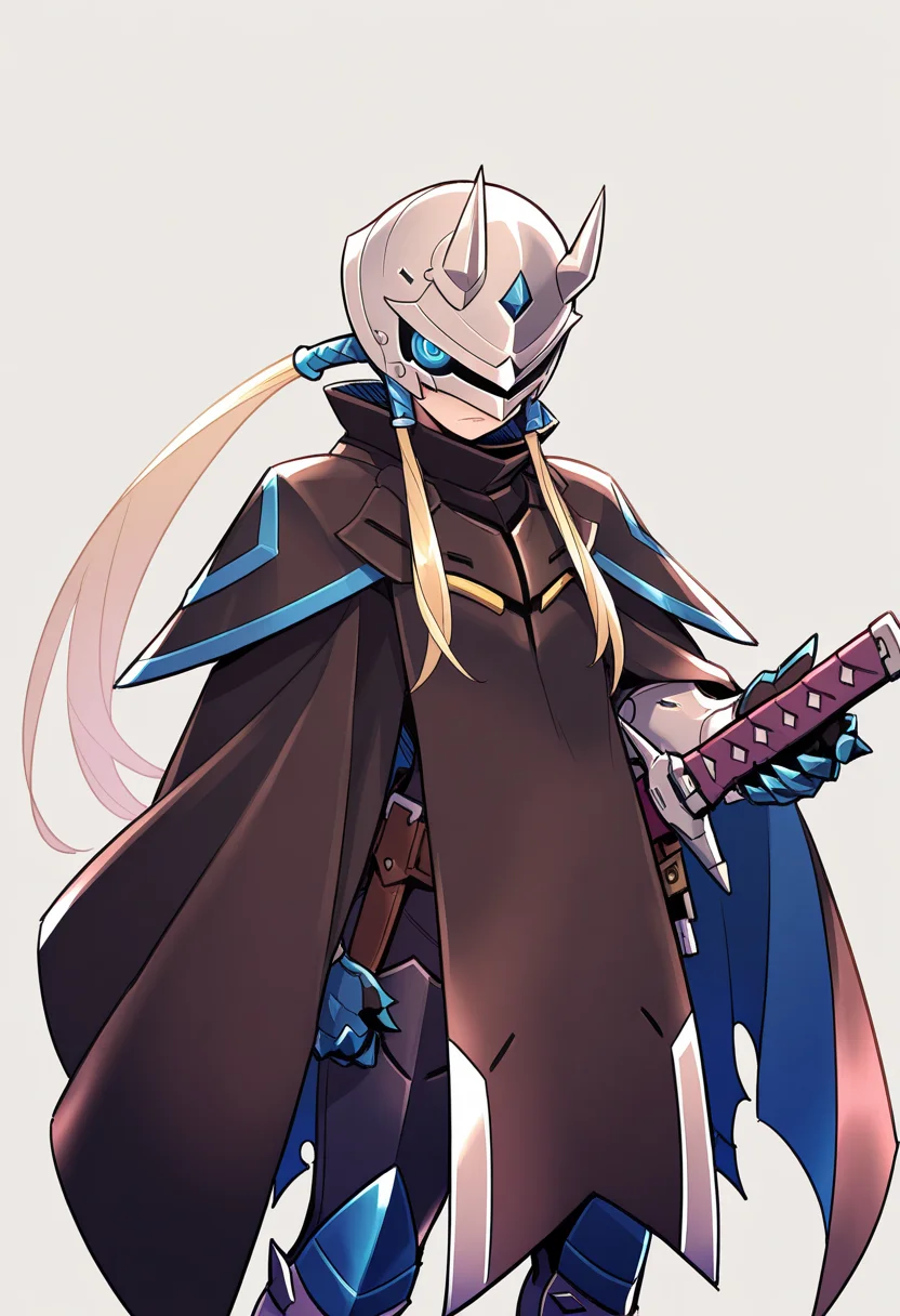 masterpiece, best quality, <lora:blade:1>, g.v.blade, horned helmet, cape, gauntlets, armor, armored boots, sword, standing, upper body