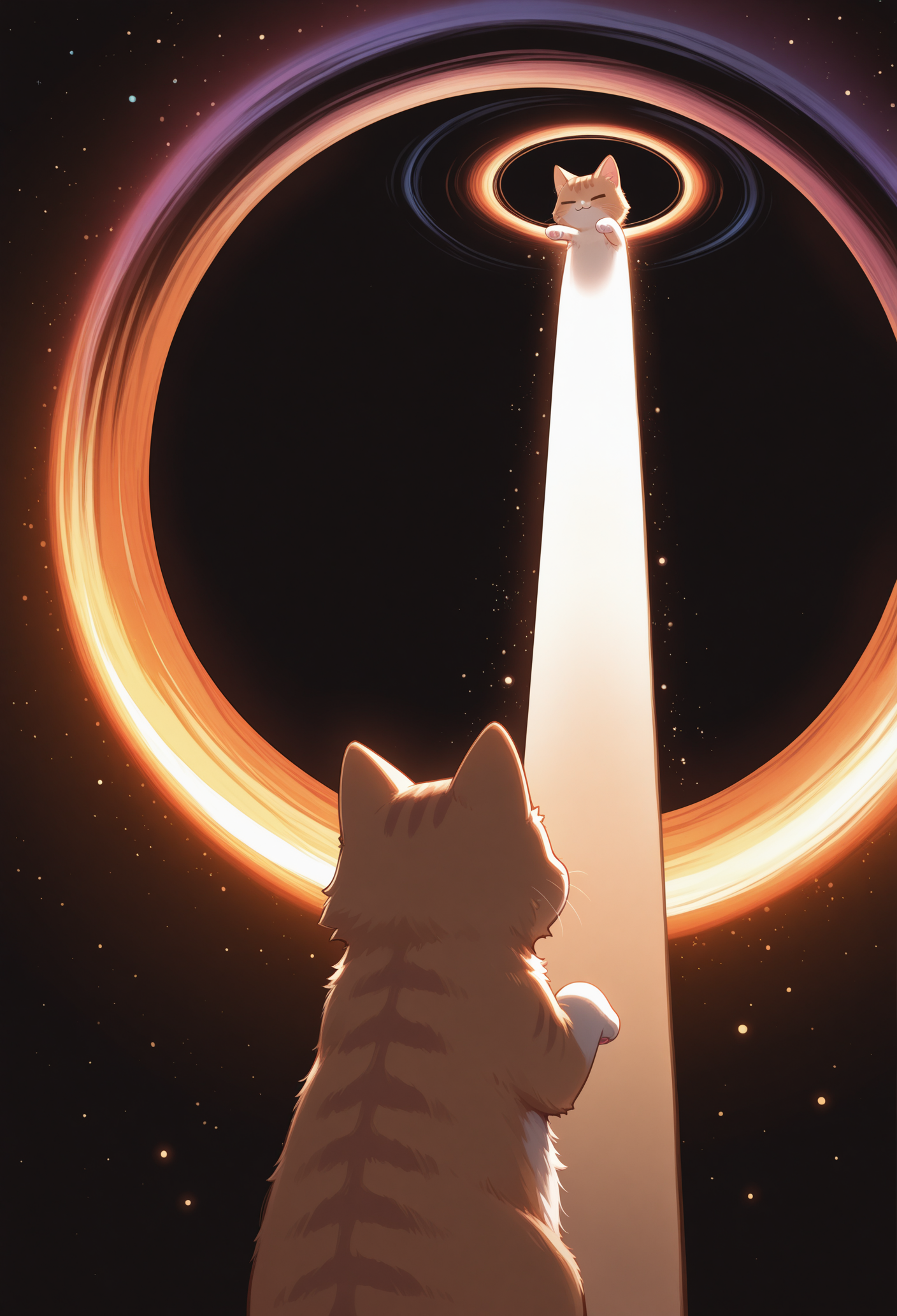 Smooth Quality,absurdres,masterpiece,perfect hands,very artistic,highres,
colorful,pastel colors,volumetric lighting,
creating a peaceful and ethereal scene,(((perspective))),
from front,from below,(dynamic angle:1.4),standing,longcat \(meme\),hands up,foot close-up,((wide_shot)),
BREAK
galaxy,star,black hole,((Sucked into the black hole)),
relaxed,calm eyes,gentle smile,serene expression,
dynamic pose,<lora:spo_sdxl_10ep_4k-data_lora_webui:0.8>,<lora:concept_longcat_Illustrious_V2L>,<lora:discord_nekonekonekone_illustriousXL:1>,animal focus,no humans,n3koemoji,cat,=_=,