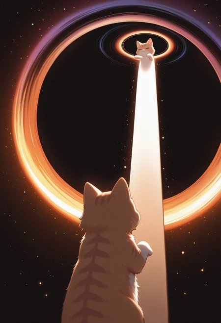 Smooth Quality,absurdres,masterpiece,perfect hands,very artistic,highres,
colorful,pastel colors,volumetric lighting,
creating a peaceful and ethereal scene,(((perspective))),
from front,from below,(dynamic angle:1.4),standing,longcat \(meme\),hands up,foot close-up,((wide_shot)),
BREAK
galaxy,star,black hole,((Sucked into the black hole)),
relaxed,calm eyes,gentle smile,serene expression,
dynamic pose,<lora:spo_sdxl_10ep_4k-data_lora_webui:0.8>,<lora:concept_longcat_Illustrious_V2L>,<lora:discord_nekonekonekone_illustriousXL:1>,animal focus,no humans,n3koemoji,cat,=_=,