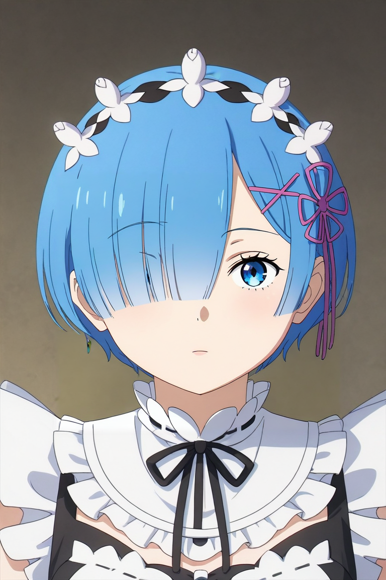 score_9, score_8_up, score_7_up, source_anime, rating_safe, intricate details, (realistic:0.6), looking at viewer, upper body, , 1girl, rem \(re:zero\), blue hair, blue eyes, short hair, hair over one eye, maid headdress, solo, Enchanting Luminescence, <lora:sousou_no_frieren_style_pony:0.84>, sousou_no_frieren_style, <lora:sdxl_lightning_8step_lora:1>