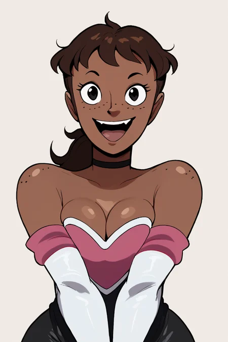 <lora:Hellonearth-iii_Style_and_Characters_for_PonyXL:1>, hellonearth-iii, skyla, 1girl, dark skin, black eyes, brown hair, medium breasts, dark-skinned female, ponytail, freckles, shiny skin,
smile, open mouth, teeth, solo,
cosplay, rouge the bat outfit, white elbow gloves, choker,
looking at viewer, score_9, score_8_up, score_7_up, zPDXL