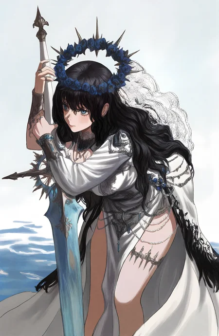1girl, solo, long_hair, blue_eyes, black_hair, dress, holding, jewelry, weapon, sword, white_dress, holding_weapon, water, holding_sword, ring, head_wreath