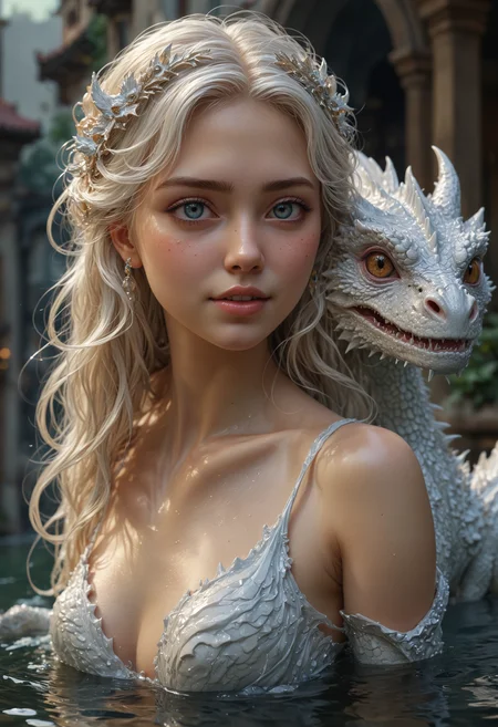 digital painting,art by Boris Vallejo,An extremely innocent,but stunningly beautiful smiling woman with incredibly beautiful long luscious white hair,looks at the viewer,standing in beautiful sparkling,bubbling  water,in front of an extremely intricate and perfectly formed,beautiful white baby dragon,with her lovingly and motherly like,beautiful embrace,holding him,protecting him. Innocence and purity. She is in her natural born state and her skin must be flawless. Fantasy,magical and dreamy. Highest resolution,realistic 