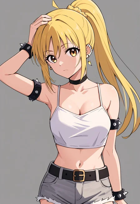 1girl, solo, Ijichi Nijika, yellow hair, arm on my head, spiked armlet, belt, black choker, white tank top, denim shorts, denim, crop top, ear piercing, grey shorts, hair between eyes, jewelry, simple background, spaghetti strap, spiked ear piercing, looking at viewer, ponytail,