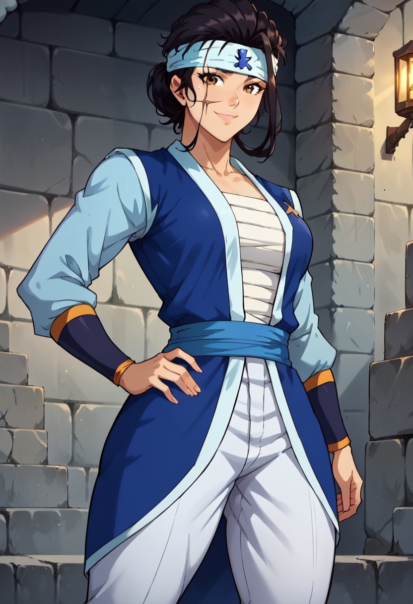 MelkTRK, 1girl, solo, pale-skinned girl, muscular frame, beautiful girl, black hair, hair ornament, hair bun, headband, brown eyes, scar on face, sarashi, jacket, white pants, sash, belt, black boots, cross-shaped scar,
seductive pose, sexy pose, tease,  in the spotlight,smile, ruins, hand on hip,
score_9, score_8_up, score_7_up, beautiful aesthetic, very intricate, high quality details,vibrant, highly detailed, award-winning, professional,anime artwork, anime style, studio anime, athletic, curvy body, athletic girl, perky tits,large breast,perfect tits, round breasts, nipple outline,looking at viewer, pinup pose,teasing, dynamic lighting, cinematic, smug, better than you, aura of temptation, highly detailed, high resolution, masterpiece, detailed clother, detailed background, highly detailed, ((sound effects)) comic layout,