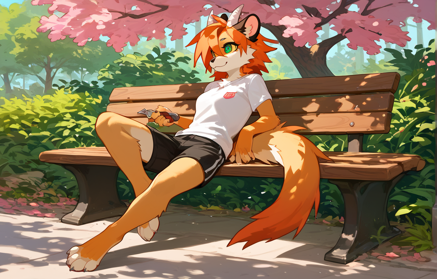 score_9, score_8_up, score_7_up, PDXL, <lora:KnifedragonV1:1>, knifedragon, 
1girl, cute face, detailed eyes, furry, anthro, white t-shirt, black shorts, barefoot, sitting on a bench in a park