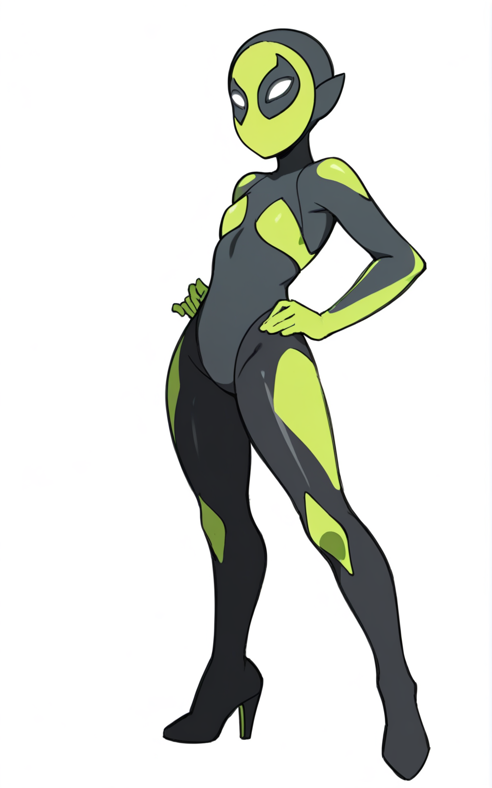 best quality, absurdres,full body, <lora:BolivanteStyleITS:0.8>, <lora:TWITS:0.8>, TWITS, heels, high heels, bodysuit, pointy ears, no pupils, white eyes, mask, black bodysuit, skin tight, two-tone bodysuit, multicolored bodysuit, white background, standing, slim, green bodysuit, no mouth, breast