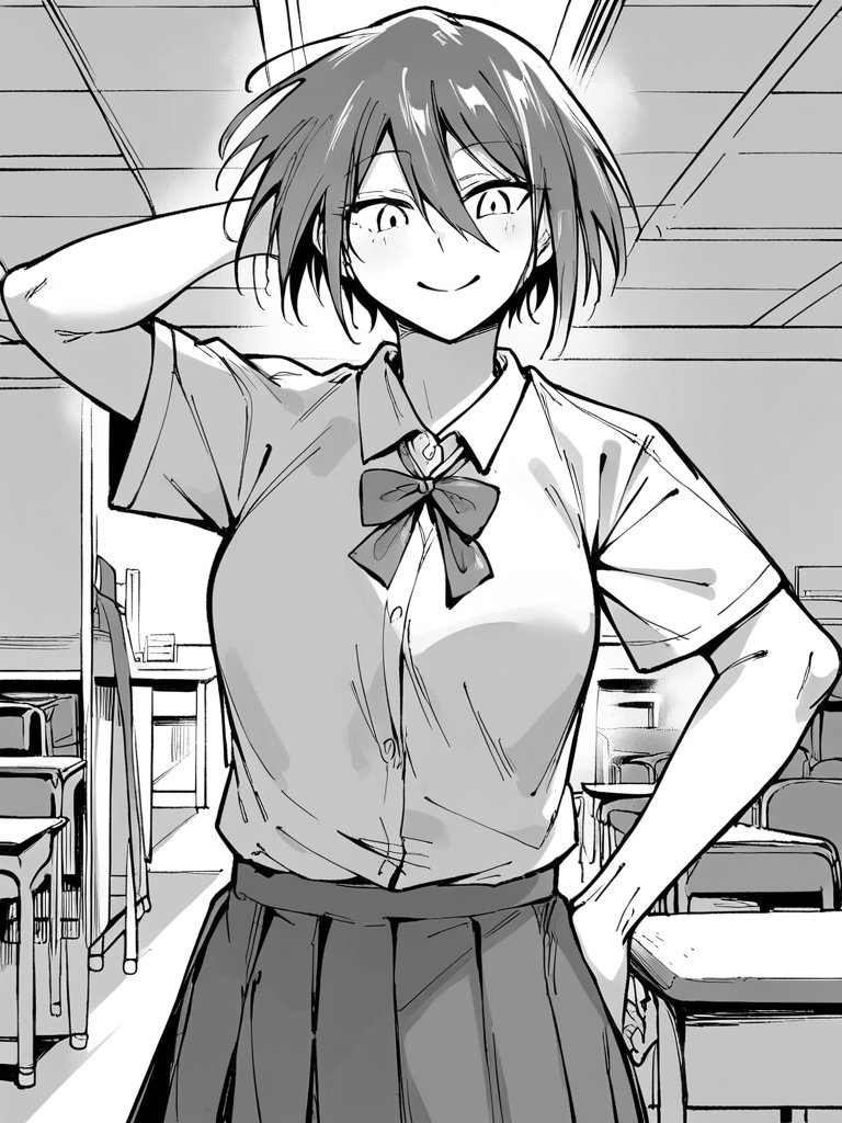 score_9, score_8_up, score_7_up,  
1girl, monochrome, saionji shion, grey hair, short hair, medium breasts, white eyes, 
hair between eyes,
smile, looking at viewer, hand on hip, arm behind head, closed mouth, classroom, solo, school uniform, white shirt, short sleeves, neck ribbon, pleated skirt,



