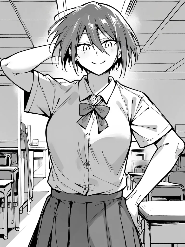 score_9, score_8_up, score_7_up,
1girl, monochrome, saionji shion, grey hair, short hair, medium breasts, white eyes,
hair between eyes,
smile, looking at viewer, hand on hip, arm behind head, closed mouth, classroom, solo, school uniform, white shirt, short sleeves, neck ribbon, pleated skirt,
