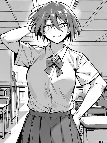 score_9, score_8_up, score_7_up,  
1girl, monochrome, saionji shion, grey hair, short hair, medium breasts, white eyes, 
hair between eyes,
smile, looking at viewer, hand on hip, arm behind head, closed mouth, classroom, solo, school uniform, white shirt, short sleeves, neck ribbon, pleated skirt,



