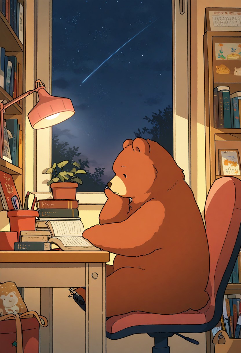 (masterpiece, best quality, high quality, highres), absurdres,
(chii-kun \(seedyoulater\):0.6), (naguru \(cyoroama\):0.6),
(bear:1.3), solo, cute, no humans, 
zzLofi, sitting, side view, desk, chair, book, bookshelf, lamp, night, open book, sky, star (sky), starry sky, window, windowsill, 
cozy,