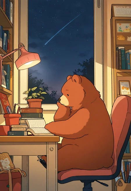 (masterpiece, best quality, high quality, highres), absurdres,
(chii-kun \(seedyoulater\):0.6), (naguru \(cyoroama\):0.6),
(bear:1.3), solo, cute, no humans,
zzLofi, sitting, side view, desk, chair, book, bookshelf, lamp, night, open book, sky, star (sky), starry sky, window, windowsill,
cozy,