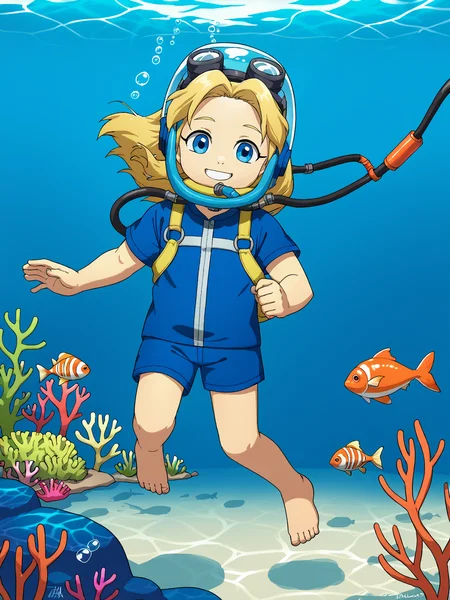 source_cartoon, solo, CSPNY1, underwater, <lora:Maria (Sonic x Shadow Generations) PDXL v2:0.75>, sxsgmaria, smile, blonde hair, score_7_up, scuba diving equipment, helmet, oxygen mask, coral reef, fish