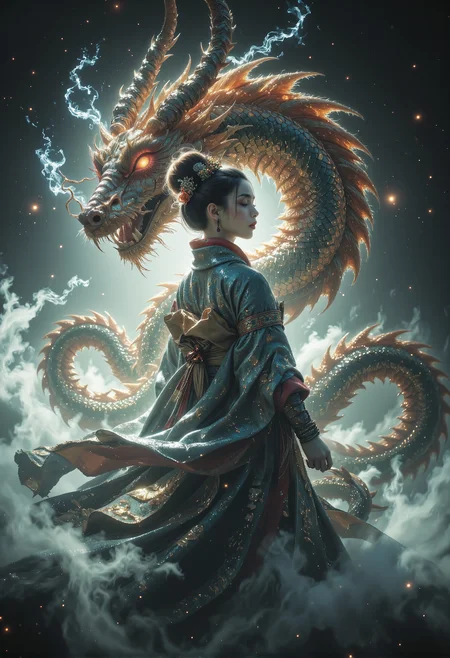 A depiction of a geisha with flowing, delicate robes that ripple gracefully in the wind, (disintegrating and dissolving into fog and smoke:1.7), (blending form with reality:1.7). A majestic Chinese dragon coils behind her, emerging partially from the shadows with an air of mystery and power. Framed in thick volumetric fog, the scene is bathed in diffused light that enhances the ethereal and dreamlike quality. Delicate, whispering tendrils of drifting fog interweave with cracked light and scattering smoke, creating an eye-catching masterpiece artwork that feels both surreal and hauntingly beautiful. <lora:aidmaImageUpgrader-FLUX-V0.2.safetensors:0.66>, <lora:FluxDFaeTasticDetails.safetensors:0.2>, <lora:midjourney_whisper_flux_lora_v01.safetensors:0.5>, <lora:Midjourney_-_SemiReal_Dreams_FLUX_LoRA.safetensors:0.5>, <lora:black_fantasy.safetensors:0.5>, <lora:MoriiMee_Gothic_Niji_Style_FLUX.safetensors:0.5>, <lora:sss-snek-000001.safetensors:0.5>,