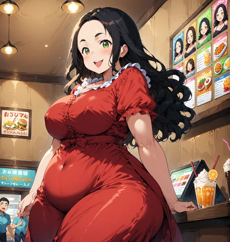 score_9, score_8_up, score_7_up, score_6_up, source_anime, ah1, 1girl, (curly hair), long hair, (black hair), mature female, (parted hair:1.7), (round face), (no_bangs:1.3), (no_fringe:1.6), looking at viewer, (thick eyebrows:1.3), (curvy), round-chin, (greenish hazel eyes), caucasian, (downturned eyes), (forehead:1.4), <lora:ETO_OCPonyXL:0.5> eto_oc, skindentation, plump, thick thighs, wide hips, busty, voluptuous, kinky curls, lips, bad-hands-5, (standing_split), (burnt sienna Wide-leg trousers and ruffled blouse), (in Karaoke, Lobby Area, bright and inviting decor, reception desk with friendly staff, a menu board showcasing drinks and snacks, posters of popular artists, a display of songbooks), ((Face with a cheeky tongue expression)), <lora:venus body PonyXL:0.8>, <lora:xl_more_art-full_v1:0.4>, <lora:shinyskin2:0.3> glistening skin, <lora:aesthetic_anime_v1s:0.4>, <lora:Expressive_H:0.4> Expressiveh, <lora:hairdetailpxl:0.4> hairdetailpxl, <lora:EpicF4nta5yXL:0.4>, <lora:detailxl:0.4> detailxl, <lora:Fant5yP0ny:0.4>, best quality, amazing quality, best aesthetic, absurdres, <lora:expressive eyes:0.4> expressive eyes, (low-angle shot), <lora:eyedetailpxl:0.4> eyedetailpxl,