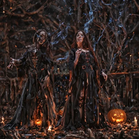 candles burning inside pumpkins, a bloody bed, two skeleton women dressed in black robes down to their knees, with a scary grin on their faces, and a boiling cauldron right next to them with blue smoke coming out of it. dark atmospheric, dynamic pose, dark background hell, volumetric lighting