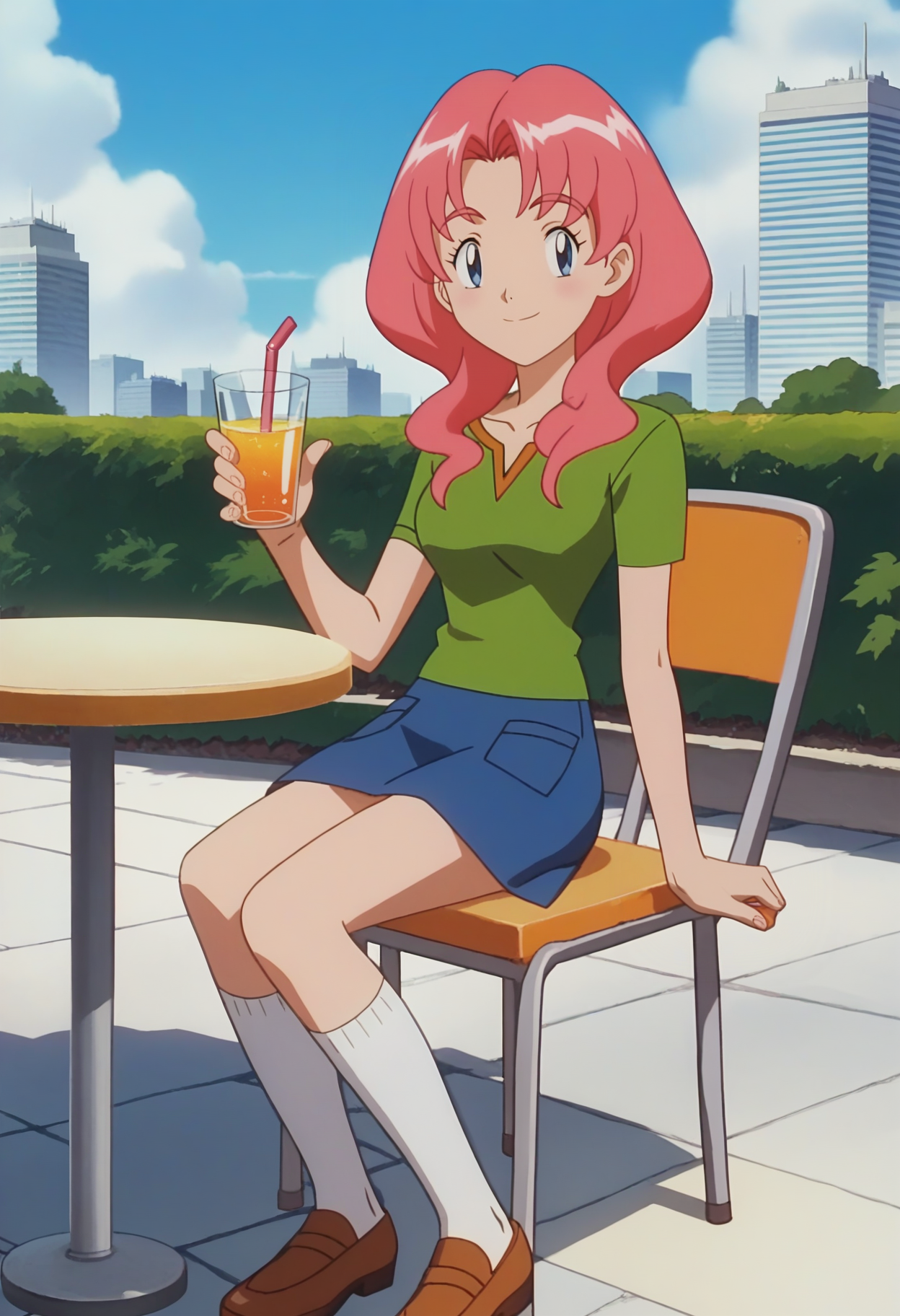 score_9, score_8_up, score_7_up, score_6_up, anime screencap, anime coloring, 1girl, solo, <lora:PMSensationalSisters_epoch_10:0.8>, PMLily, pink hair, short hair, blue eyes,
green shirt, v-neck, short sleeves, blue skirt, kneehighs, white socks, brown shoes,
smile, looking at viewer, sitting, orange juice, holding cup,
BREAK outdoors, cafe, on chair, day, sunbeam, city, table,