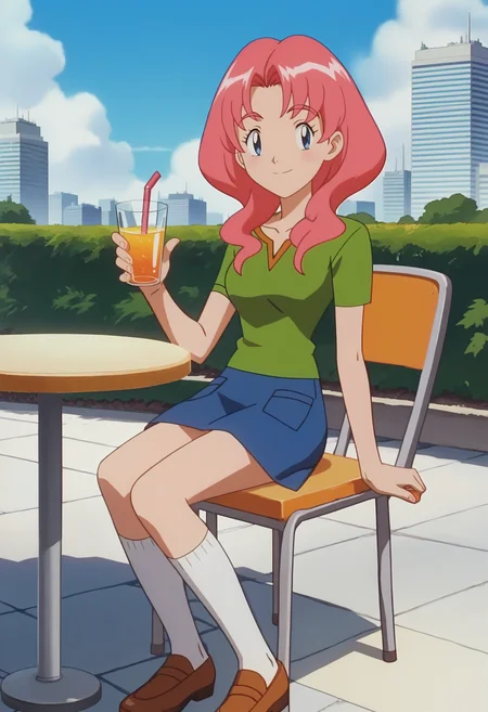 score_9, score_8_up, score_7_up, score_6_up, anime screencap, anime coloring, 1girl, solo, <lora:PMSensationalSisters_epoch_10:0.8>, PMLily, pink hair, short hair, blue eyes,
green shirt, v-neck, short sleeves, blue skirt, kneehighs, white socks, brown shoes,
smile, looking at viewer, sitting, orange juice, holding cup,
BREAK outdoors, cafe, on chair, day, sunbeam, city, table,