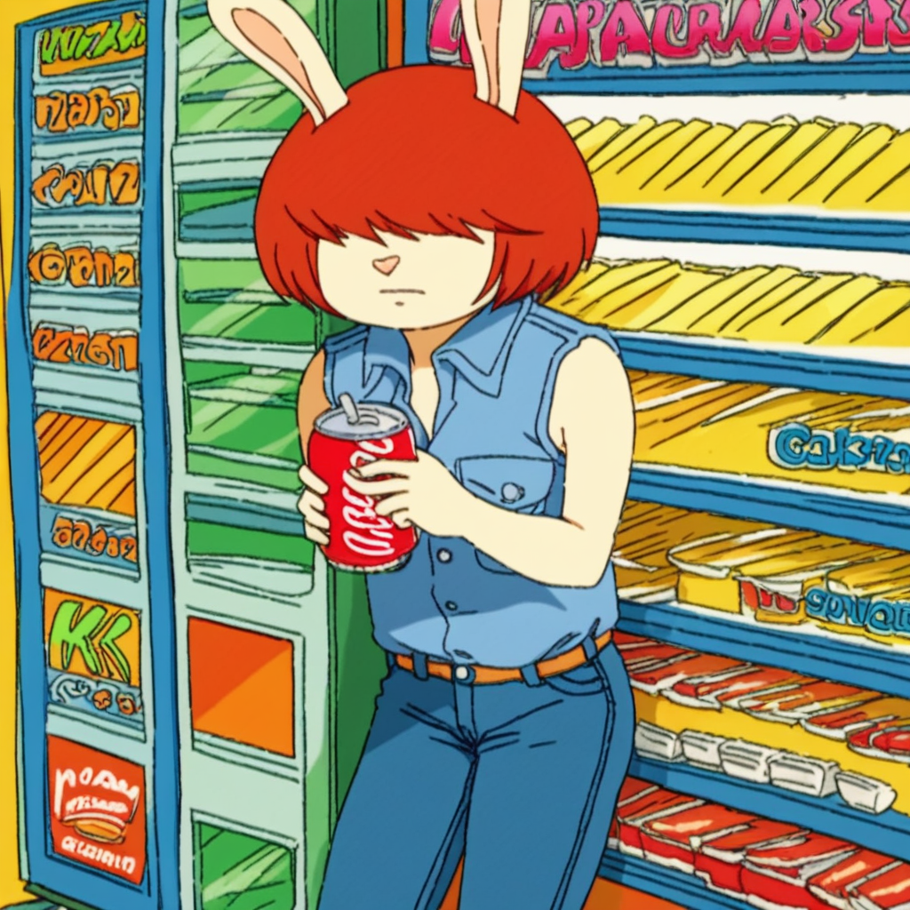 score_9, solo, rabbit girl, rabbit ears, hair over eyes, short hair, denim, jeans, sleeveless, vending machine, soda