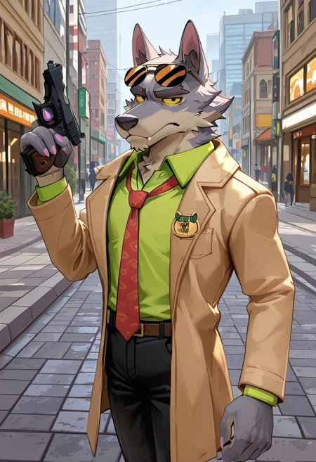 masterpiece, best quality, amazing quality, very aesthetic, absurdres, newest, high quality, detailed, male, solo male, DaleDonovan, 1boy, mature male, male, anthro, wolf, broad shoulders, scruffy, gray fur, light tan underbelly, black eyes, yellow sclera, thick eyebrows, animal ears, green collared shirt, red tie, tan jacket, detective, sunglasses on forehead, black pants, half body, outdoors, looking at viewer, on the street, city, on sidewalk, gun in hand, focused, stern face