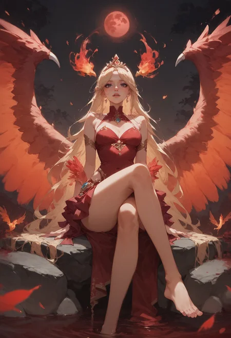ASCII(score_9, score_8_up:1.1), score_7_up,   1girl, petite, blonde hair, long hair, phoenix wings, glossy red skirt, glossy red top, void forest, sitting on rock, crossed legs, red water, magical, golden tiara, blood moon, void, fire  <lora:Concept Art Twilight Style SDXL_LoRA_Pony Diffusion V6 XL:0.8>  <lora:Expressive_H-000001:0.8> expressiveh  <lora:sinfully_stylish_SDXL>