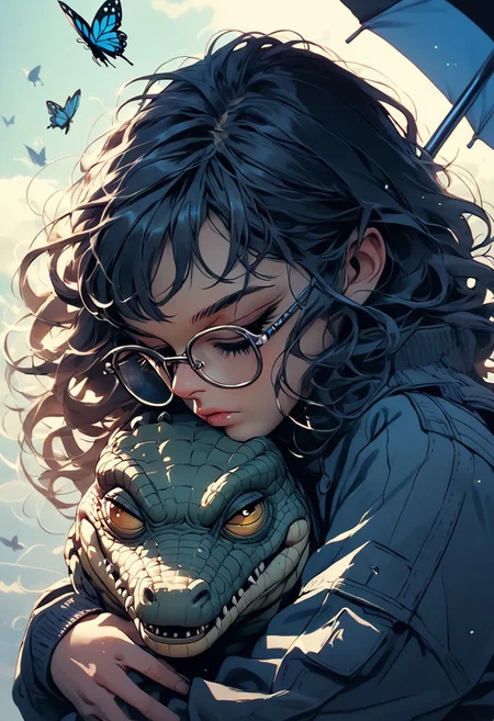 score_9, score_8_up, score_7_up, source_image_comics, embrace, small fat crocodile, Chrome Aluminum eyes, straight jacket, big glasses, umbrella, Butterfly Blue ribbon,sinozick, day sky, sunny, heavy rain, big eyes, The image is a digital art piece that appears to be a portrait of a woman's face. The woman's head is in profile, with her eyes closed and her lips slightly parted. She has long, flowing hair that is styled in a way that cascades down her back. The hair is made up of intricate patterns and swirls, creating a sense of movement and energy. The background is black, making the woman's features stand out even more. The overall mood of the image is peaceful and serene.