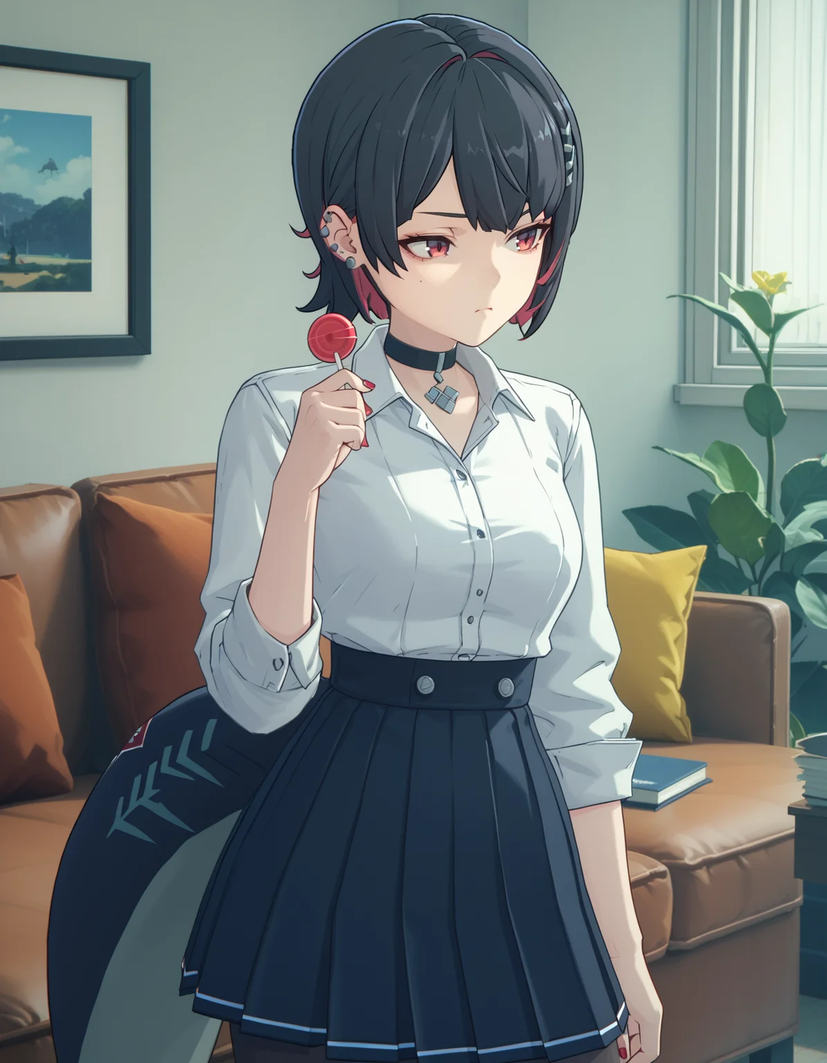 score_9, score_8_up, score_7_up, <lora:zzz-pack-v6-ponyxl-000031:0.85> ellen, black hair, ear piercing, hairclip
choker, dress shirt, pantyhose, high-waist skirt
shark tail
1girl, solo, holding lollipop, bored, looking to the side, living room
