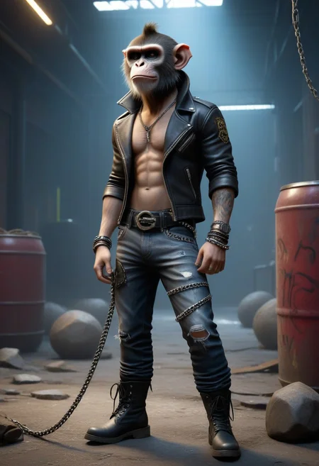 "Create an ultra-realistic 8K image in Unreal Engine 5: A vervet monkey with human features, dressed in an aggressive rocker style. Anatomical details: upright body with a slightly arched posture, short gray-blue fur (with scattered golden strands), human face with a sharp nose and vertical pupils, but with monkey features (protruding jaws, large rounded ears).
Leather collar with metal spikes and chains, handmade with scratches and signs of use.
Ripped black jeans with elastic and metal belts that emphasize muscular legs.
Accessories: Skull rings on the fingers, forged bracelet with runes, high leather boots with massive heels.
Environment: City street in a dilapidated industrial area - rusty containers, graffiti with surreal symbols, broken electric guitars scattered around ground. In the background: neon lighting (pulsing in red and cyan) from a club with a sign "Underworld Garage".
Lighting: Lumen dynamic lights - backlit by street lamps, neon reflections on skin and metal.
Textures: Realistic hair with natural damage (broken ends, street dust), sweat on the forehead, oxidation on metal accessories.
A combination of animalistic savagery with human cultural rebellion. Avoid cartoonish elements - make-up is minimal (only a black submarine), and the fur is unkempt, naturally dirty. Add atmospheric details: dust particles from broken asphalt, sparks from the guitar and a slight haze of smoke.
