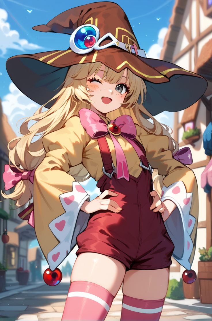 score_9, score_8_up, score_7_up, very aesthetic, source_anime, detailed,
village, blurry background,
hands on hip, wink, open smile, blush, cowboy shot,
<lora:beryl_autismConfetti_v02:0.99>berylBase, freckles, hair ribbon, blonde hair, grey eyes, long hair,  brown witch hat,
puffy sleeves, wide sleeves, long sleeves, yellow shirt, red shorts, pink ribbon,  pink thighhighs,, zPDXL