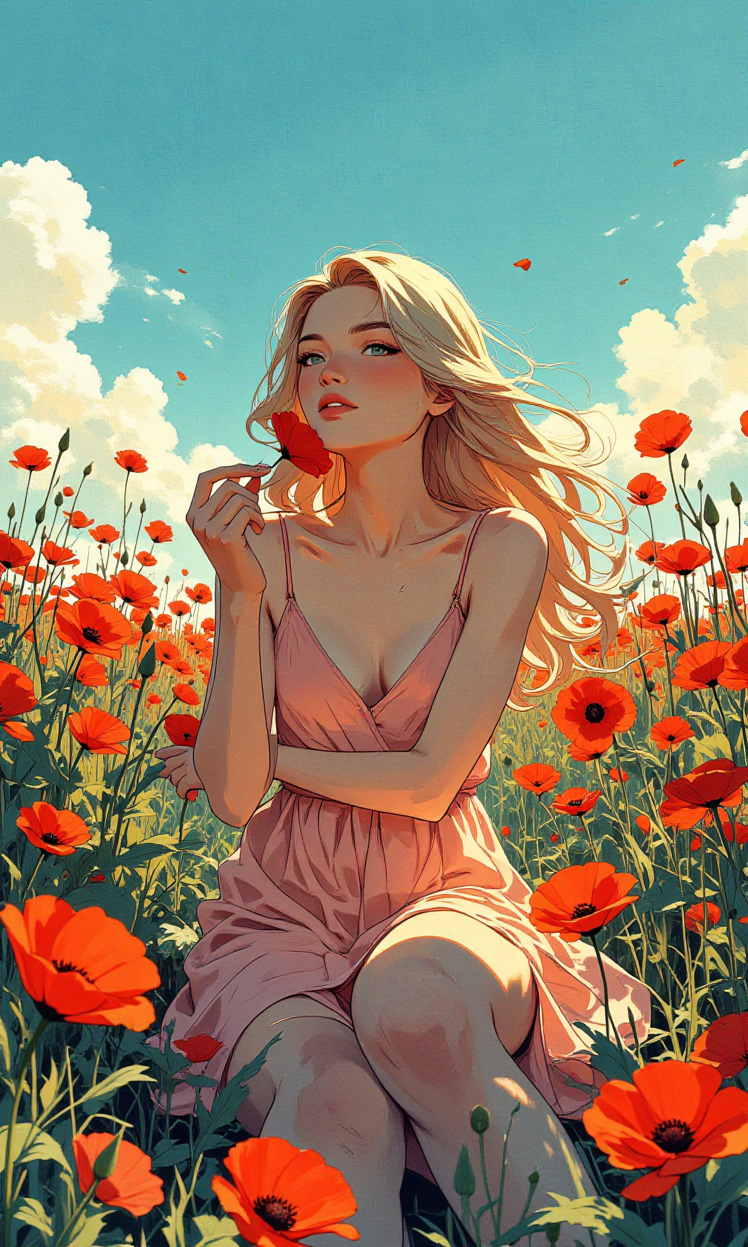 This image portrays a serene and artistic scene set in a vibrant field of red poppies under a clear blue sky. The central figure is a woman with long, flowing hair that cascades down her shoulders. She is dressed in a soft, pastel-pink dress that contrasts beautifully with the vivid red of the poppies surrounding her. The dress has a delicate, almost ethereal quality, with thin straps and a loose, flowing skirt that adds to the dreamy atmosphere.
The woman is seated on the ground, her legs crossed in a relaxed pose. Her arms are wrapped around her knees, and she holds a single poppy flower close to her face, as if smelling its fragrance or simply admiring its beauty. Her expression is one of tranquility and contentment, suggesting a deep connection with the natural world around her.
The poppies in the field are in full bloom, their bright red petals standing out against the green foliage. The flowers are scattered throughout the image, creating a sense of depth and abundance. Some of the poppies are closer to the camera, while others are further away, adding to the overall composition and drawing the viewer's eye through the scene.
The background features a clear blue sky with a few wispy clouds, enhancing the feeling of openness and freedom. The lighting in the image is soft and natural, highlighting the textures of the woman's dress and the delicate details of the poppies. The colors are rich and saturated, making the scene feel almost dreamlike and otherworldly.
Overall, the image captures a moment of peaceful reflection and harmony with nature, evoking a sense of calm and beauty. The woman's pose and the surrounding poppies create a harmonious and visually striking composition that invites the viewer to pause and appreciate the simple pleasures of life.
BREAK anime, bboil artist style, <lora:FLUX\Synesthesia:0.2>, <lora:FLUX\RetroAnimeS1.1:0.4>, <lora:FLUX\Flux-jijia:0.1>, <lora:FLUX\RM_Artistify_v1.0M:0.1>, <lora:FLUX\Organic Sauce - FLUX:0.6000000000000001>, <lora:FLUX\It's a LoRA for portraits, BUT! actually specialized in backgrounds. v1.0:0.30000000000000004>, <lora:FLUX\Dieselpunk Delight - s0_9 g4:0.4>