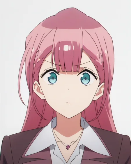 score_9, score_8_up, score_7_up, best quality, masterpiece, anime, anime screencap, anime coloring, looking at viewer, 1girl, solo, upper body, (simple background, solid white background:1.3), <lora:mafuyu-bokubenPDXL:0.8>, mafuyu kirisu, jacket, collared shirt, necklace, closed mouth