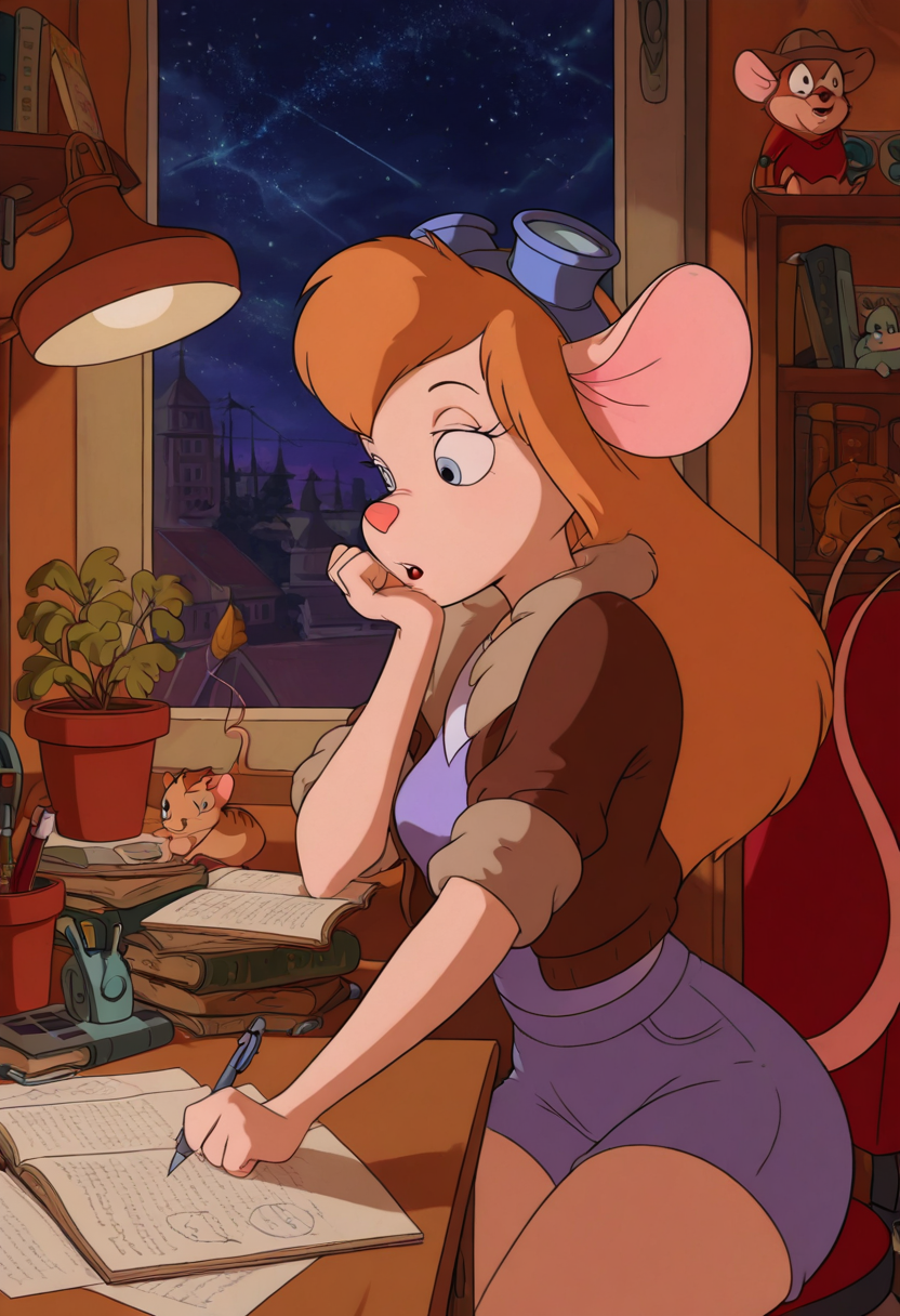 masterpiece, best quality, solo, curvy, beautiful eyes,  zzGadget, 1girl, solo, long hair, blue eyes, orange hair, furry, furry female, animal nose, mouse girl, buck teeth, animal ears, mouse ears, mouse tail,  brown jacket, fur trim, brown hat, tight shorts, short shorts, blue denim shorts, white shirt, open clothes, wide hips, skindentation,   , <lora:ChipNDaleRescueRangers_IXL:1.0>, , zzLofi, sitting, side view, desk, chair, book, bookshelf, head rest, holding, holding pen, lamp, night, open book, pen, plant, potted plant, sky, star (sky), starry sky, window, windowsill, writing, <lora:LofiGirl_Style_IXL:1.0>,