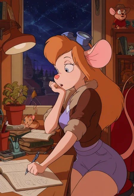 masterpiece, best quality, solo, curvy, beautiful eyes, zzGadget, 1girl, solo, long hair, blue eyes, orange hair, furry, furry female, animal nose, mouse girl, buck teeth, animal ears, mouse ears, mouse tail, brown jacket, fur trim, brown hat, tight shorts, short shorts, blue denim shorts, white shirt, open clothes, wide hips, skindentation, , <lora:ChipNDaleRescueRangers_IXL:1.0>, , zzLofi, sitting, side view, desk, chair, book, bookshelf, head rest, holding, holding pen, lamp, night, open book, pen, plant, potted plant, sky, star (sky), starry sky, window, windowsill, writing, <lora:LofiGirl_Style_IXL:1.0>,