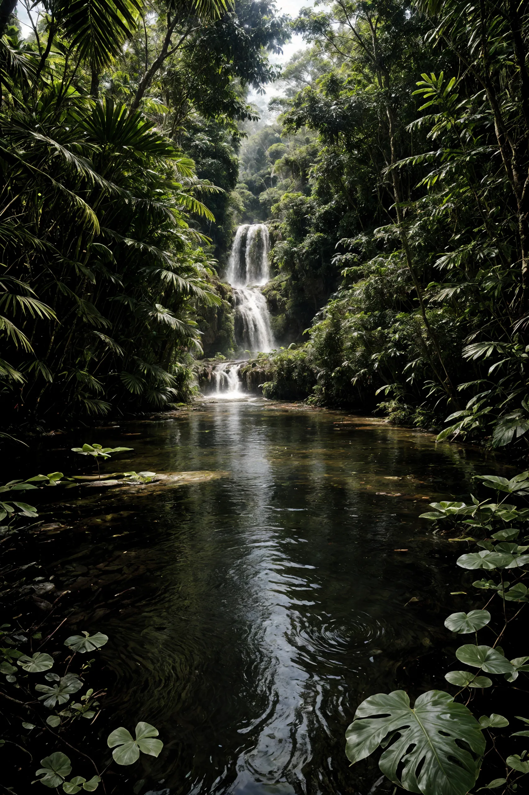 photo , photography, Fujifilm XT3 Viltrox, ((very detailed)), sharp focus,  best quality, (bright sunny sky), beautiful landscape, rainforest, jungle, stream, water ripples reflections, (small river pond), hut, stunning nature environment, high contrast, cinematic (lights), backlight, shadows, (lens flare:0.8), vibrant colors, colorful, Cocoa Brown flowers and leaves, <lora:Detail Tweaker LoRA add_detail:1><lora:depth_of_field_slider_v1:5>  <lora:SDXLrender_v2.0:0.9>