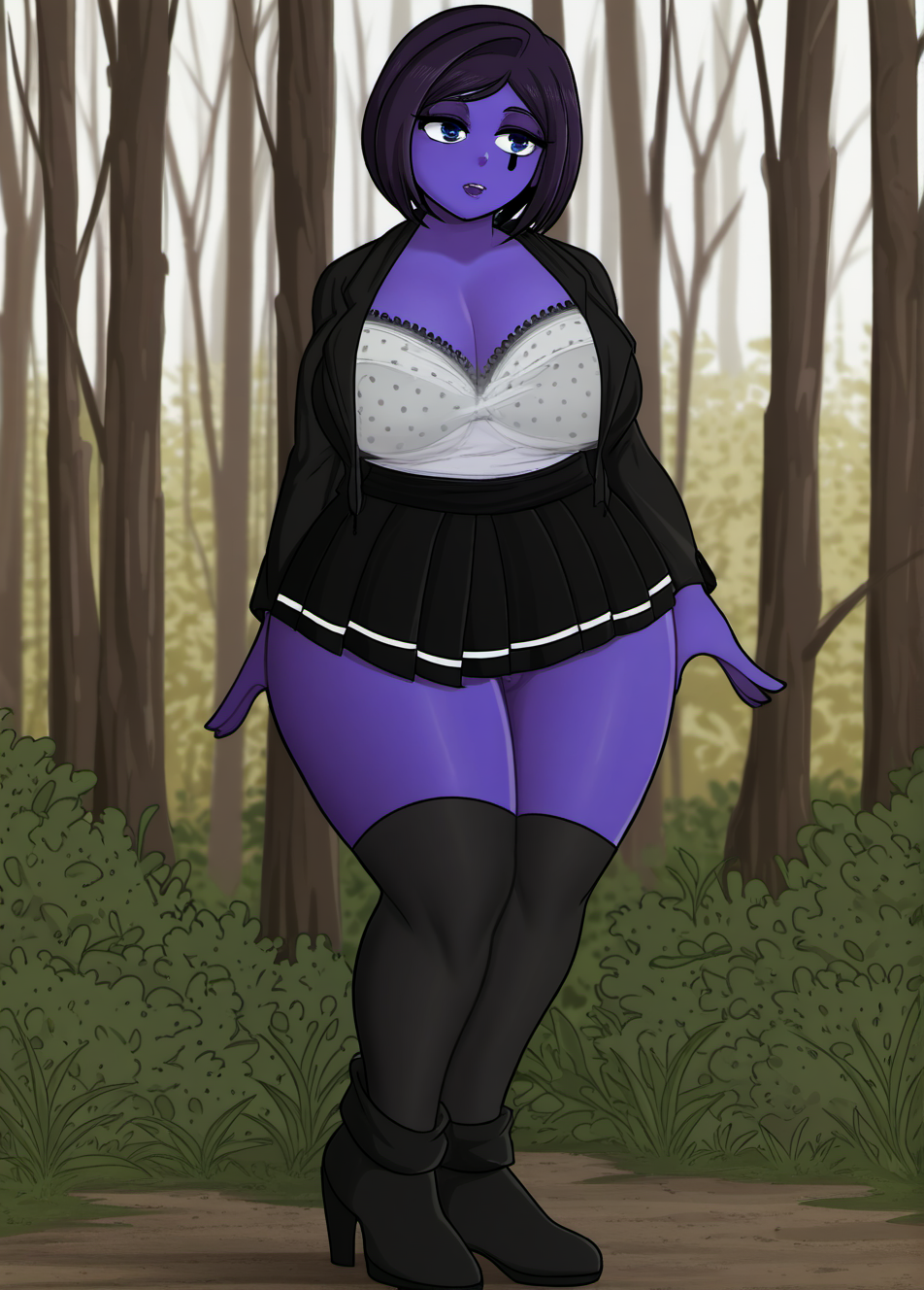 HDR, 8K, masterpiece, (ultra-detailed), best quality, amazing quality, very aesthetic, high resolution, absurdres, intricate details, incredibly absurdres, detailed face, shiny skin, nsfw, detailed eyes, detailed pussy, rating explicit, newest, scenery BREAK purple skin, JuniperR, 1girl, large breasts, thick thighs, blue eyes, cleavage, black thighhighs, short hair, black skirt, purple hair, high heels, wide hips, curvy, plump, full body, open jacket, black footwear, open clothes, white shirt, pleated skirt, high heel boots, polka dot bra, makeup, standing, looking to the side, black jacket, miniskirt, forest, underwear, parted lips, wet clothes, translucent bra, covered nipples, barely visible areola, facial mark, lazypos, <lora:StS-Illustrious-Detail-Slider-v1.0:1.5>, <lora:JuniperR0:0.9>,
