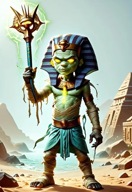 1boy, solo focus, Green Skin, Yellow Eyes, Egyptian Headdress, Mummy, Bandages, Loincloth, holding a staff, egyptianworld, dark aura, dark tomb, ancient Egyptian hieroglyphics, Glowing Runes, dr4maticessence, dramaticessence,