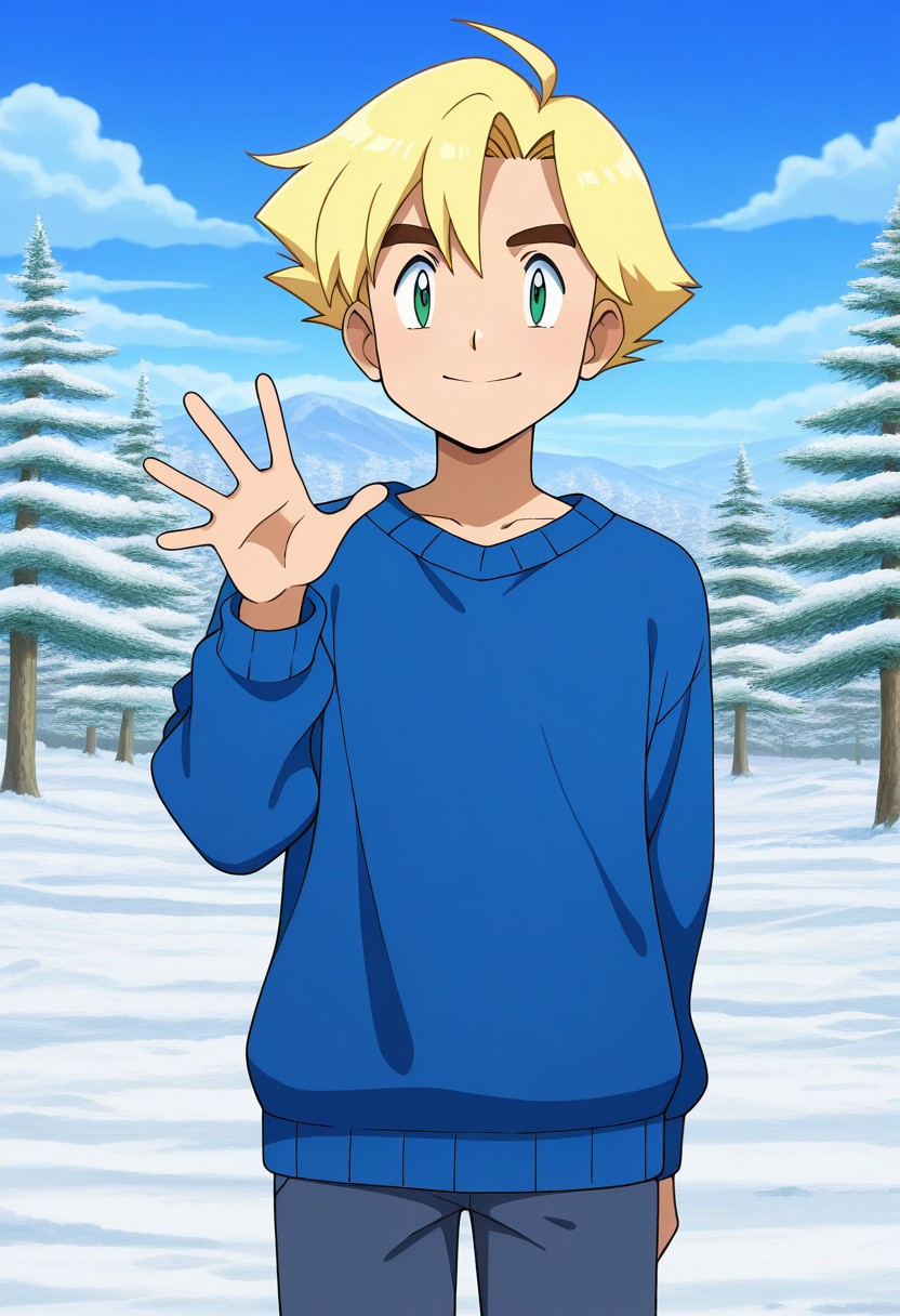 pokemon \(classic anime\), anime screencap, 
best quality, masterpiece, amazing quality, very aesthetic, absurdres, 
cowboy shot, 1boy, solo, blonde, short hair, sideswept bangs, ahoge, green eyes, thick eyebrows, smile, waving, looking at viewer, blue sweater, outdoors, snow, trees, sky, clouds
