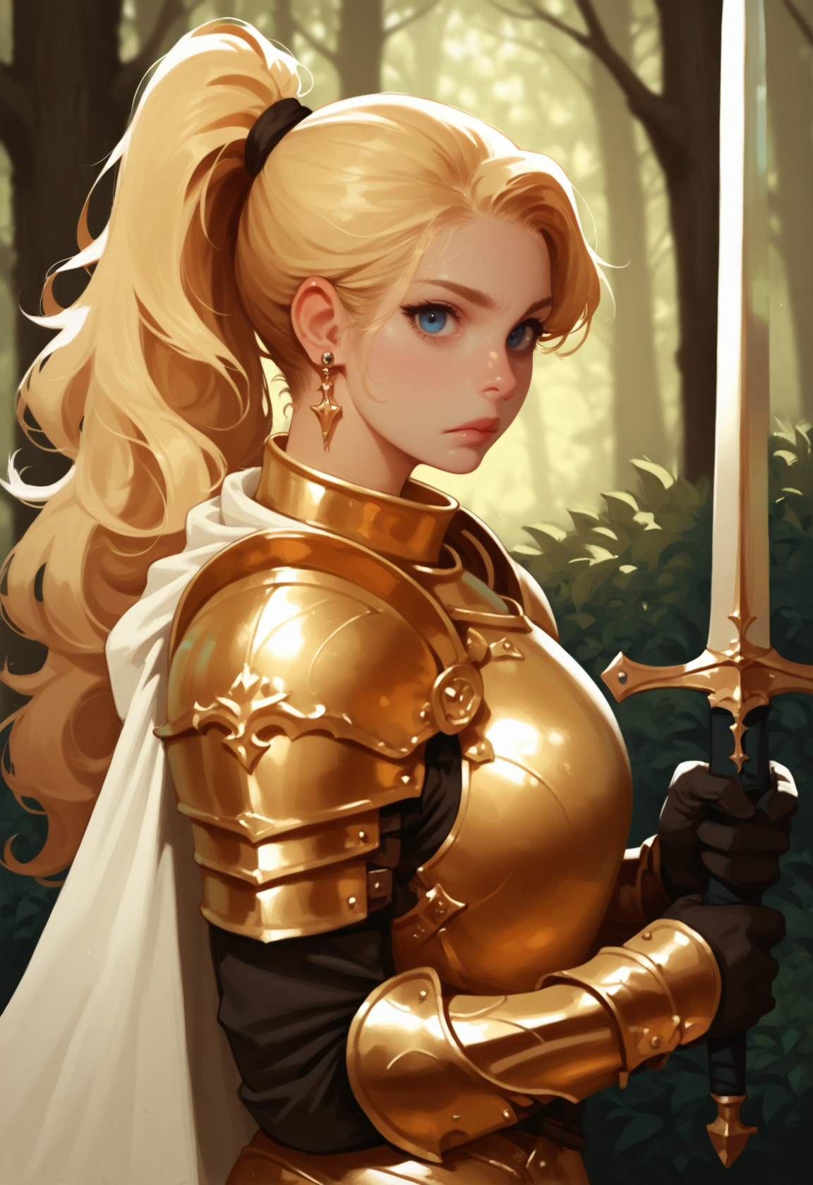 1girl, weapon, armor, sword, blue eyes, holding weapon, solo, blonde hair, holding sword, looking at viewer, cape, holding, forest, long hair, white cape, nature, shoulder armor, ponytail, gold armor, gloves, breastplate, outdoors, nose, pauldrons, tree, from side, blurry background, closed mouth, blurry, knight, bush, plate armor, wavy hair, vambraces, black gloves, gauntlets, upper body, standing, faulds, two-handed, earring, reflection, 
rimixa,,  <lora:Ri-MIX_A_Illustriousv-000010:1>, masterwork, masterpiece, best quality, dynamic lighting , dynamic pose,,  dynamic angle, lips, nose