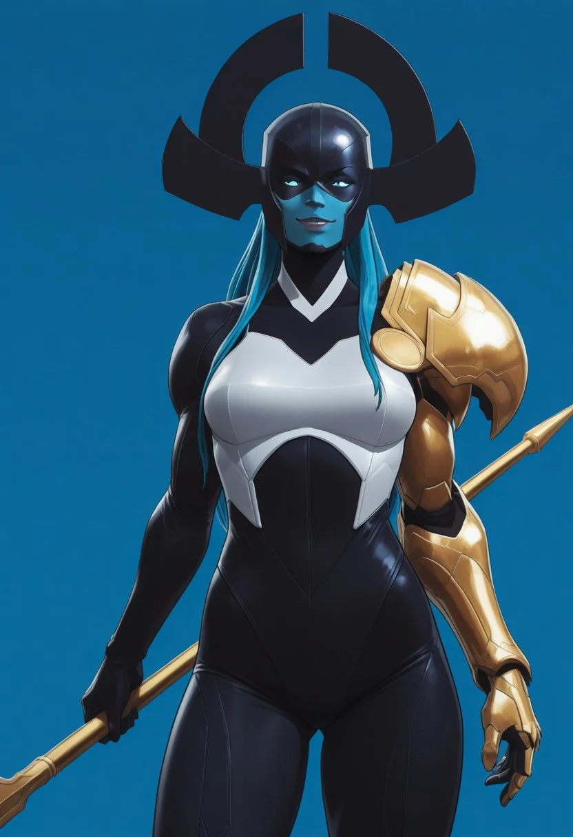 Blue background, simple background, solid color background, 2d, 1girl, solo, medium breasts, toned female, wide hips, thick thighs,
Marvel, ProximaMidnight, blue hair, long hair, extremely long hair, helmet, black headgear, covered hair, pink lips, Alien female, blue skin, blue-skinned female, colored skin, blue sclera, white pupils, glowing eyes, black bodysuit, white trim, Left arm, one armored arm, gold armor, shoulder armor,
Upper body, front view, looking at viewer, smug expression, weapon, spear, gold spear, holding spear