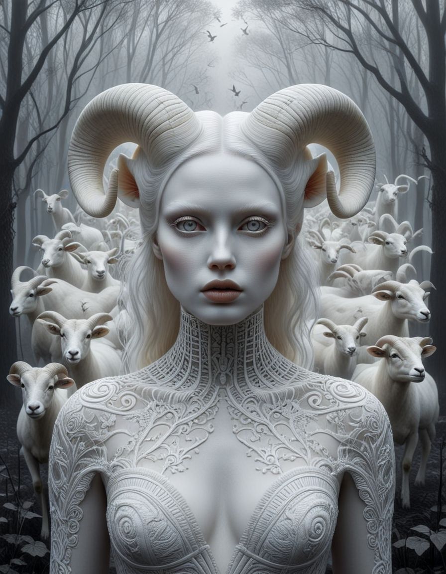 A mesmerizing black and white portrait of an enchanting albino woman with striking ram horns, exuding an air of mystique. The high-contrast monochromatic tones captivate the viewer, while the artistic influences of Mark Brooks, Brad Kunkle, H.R. Giger, and Tom Bagshaw blend seamlessly. A swarm of white moths surrounds the figure, adding to the otherworldly ambiance. The fantastical world in the background fuses realistic and surreal elements, creating a breathtaking cinematic scene. This intricate, 8k illustration pays homage to the beauty and power of the ram goddess in an enigmatic, foggy realm, making it a true dark fantasy masterpiece., illustration, dark fantasy(art monochrome,digital art oil painting,ink,charcoal,double exposure)glass  painting<lora:luxart:1>