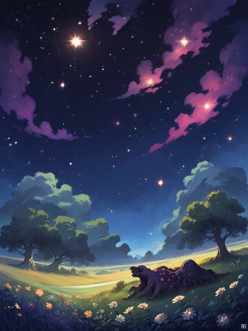 score_9, score_8_up, score_7_up, score_6_up, score_5_up,  <lora:4str0XLP:0.7> 4str0, no humans, sky, outdoors, flower, star (sky), scenery, night, field, in tree, cosmic horror