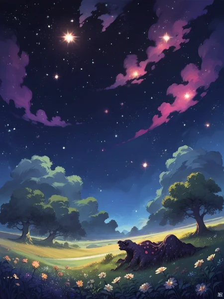 score_9, score_8_up, score_7_up, score_6_up, score_5_up, <lora:4str0XLP:0.7> 4str0, no humans, sky, outdoors, flower, star (sky), scenery, night, field, in tree, cosmic horror