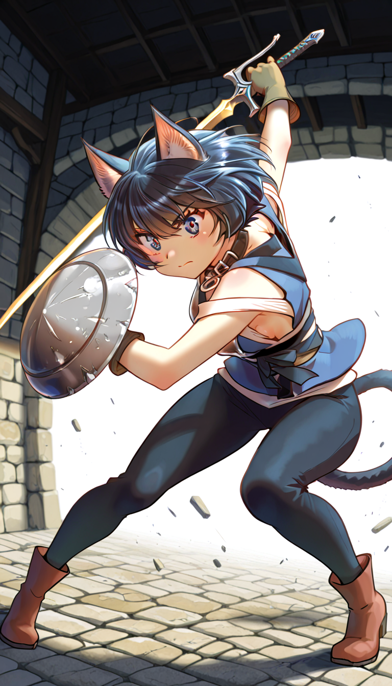 IllusP0s, masterpiece, best quality,((ultra detailed eyes:1.4)),((ultra detailed heir:1.4)), ((explicit)), ((dynamic angle)),((dynamic pose)),
BREAK
1girl,M1r1a_novel,
Collar, Inner off-shoulder strapless shirt, black pants, Shoulderless Kimono, Kimono obi, ankle boots
shield, gloves, sword,armor
BREAK
blank background, direct shot ,blank pose ,standing ,neutral black expression, full body
Cobblestones, passageways, labyrinths, indoors, Serious 
 <lora:Miria_-_100percent_-_novel:1>