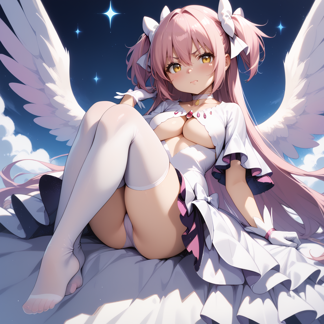 (score_9,score_8_up,score_7_up) BREAK uncensored BREAK 1girl,solo,(medium breasts:1.2),
(disgust:1.2),(scowl:1.2),closed mouth,
BREAK (full body:1.3),
BREAK (feet:1.1),(feet_focus:1.3),(povfeet:1.3),
BREAK
BREAK looking_at_viewer,eye-contact,
BREAK
BREAK
BREAK
BREAK <lora:madoka-god:1>,madoka_god,(ultimate madoka,kaname madoka,long hair,pink hair,very long hair,bangs,hair between eyes,two side up,white bow,yellow eyes),(choker,white choker,gloves,white gloves,underboob,underwear,clothing cutout,cleavage cutout,covered navel,wide sleeves,frills,dress,white dress,frilled dress),(thighhighs,white thighhighs),(starry sky print:1.1),(hugging own legs:1.2),(in univers:1.3),(arm up:1.2),